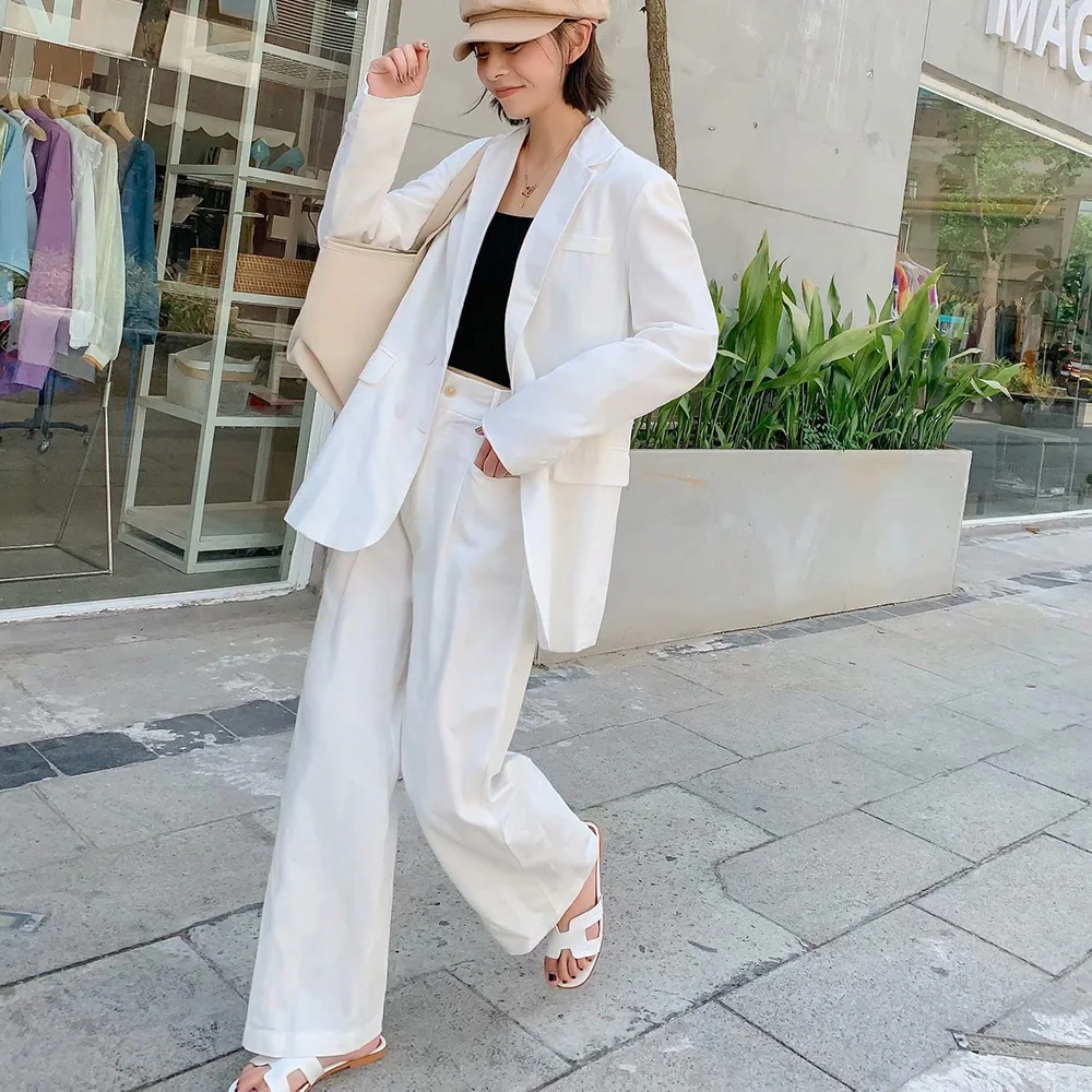 

Fall 2019 New Cotton White Suit And Pant Women Stylish Good Quality Suits Sets For Woman Wide Leg Pant Autumn OL 2 Piece Sets