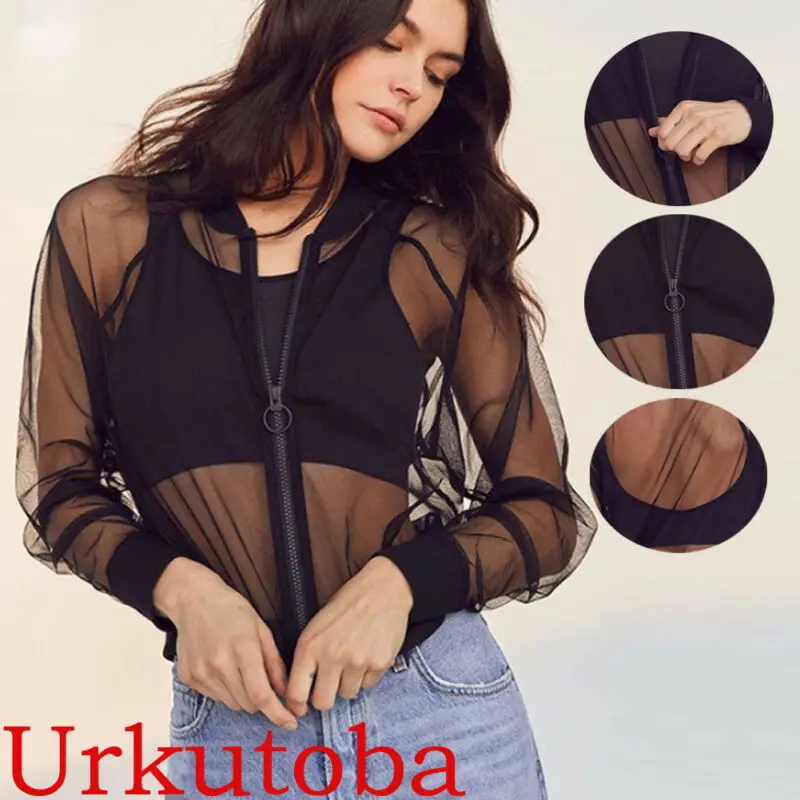 

Sexy Transparent T Shirt Women Mesh Sheer Cropped Top O Neck Zipper Hollow T-Shirt Tee Tops Sexy See Through Shirts Female