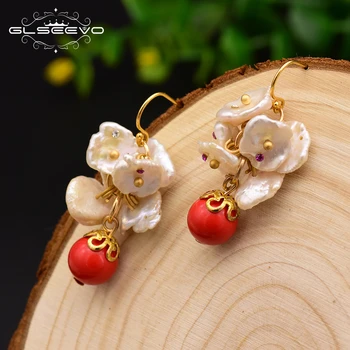 

GLSEEVO Original Handmade Natural Fresh Water Pearl Natural Red Stone Dangle Earrings For Women Drop Earring Fine Jewelry GE0620