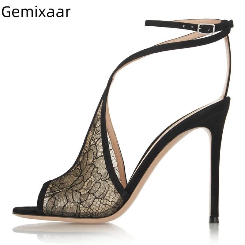 

Lace Sandals Shoes Woman Peep Toe T-sharp Cross Narrow Buckle High Stiletto Heels Footwear Sexy Black Lace Walking Pumps Women
