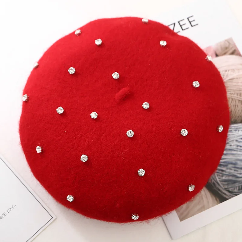 

Ladies Autumn Winter Wool Berets Diamond Boina for Women Warm Vogue French Hats Girls Painter Cap Beret Femme Red Beret