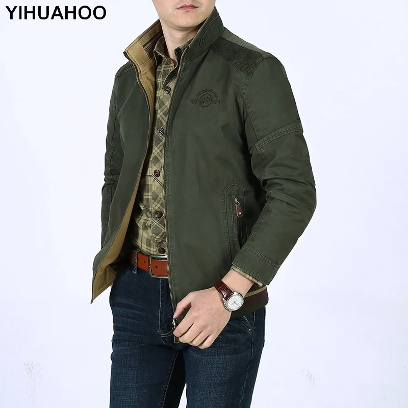 

YIHUAHOO Casual Jacket Men Spring Autumn Multi-Pockets Windproof Cargo Pure Cotton Coats Reversable Bomber Jackets XZL-615
