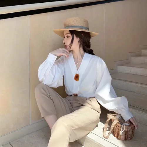 

New Style 2 Piece Set Women V-neck Long And Lantern Shirts Pleated Casual High Waist Pants Fashion 2 Set Woman