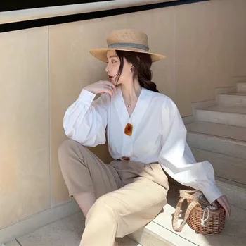 

New Style 2 Piece Set Women V-neck Long And Lantern Shirts Pleated Casual High Waist Pants Fashion 2 Set Woman