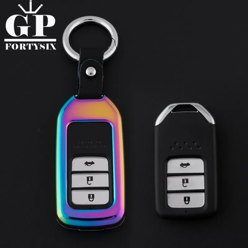 

GPFORTYSIX Zinc Alloy + leather Key Cover Case Shell For Honda Fit HR-V Accord CIVIC 3buttons car Chain Metal Smart Key Case