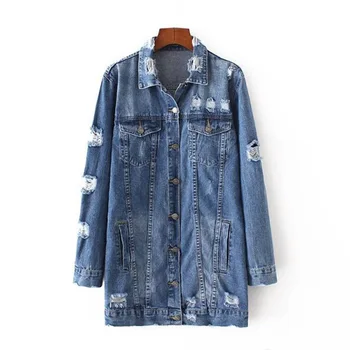 

New 2018 Spring Cowboy Slim Long section of holes Demin Coat Woman Long Sleeve Aduld Fashion New Outwear Coat
