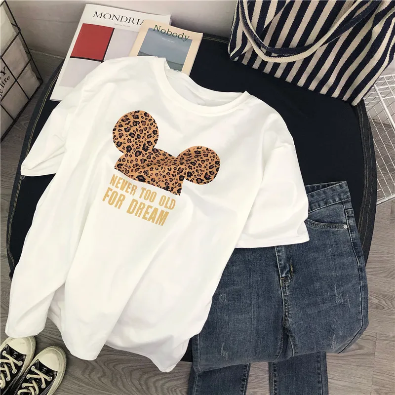 

2019 New Cartoon Mouse T-Shirt Women Cotton Leopard Print Loose Oversized Tshirt Korean Cute Tee Clothes Harajuku Kawaii Tops