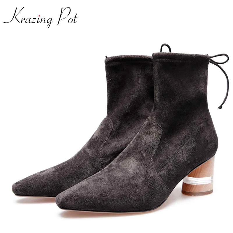 

Krazing Pot velvet material bowtie short boots handmade bling crystal high heel Korean girl pointed to career ankle boots L78