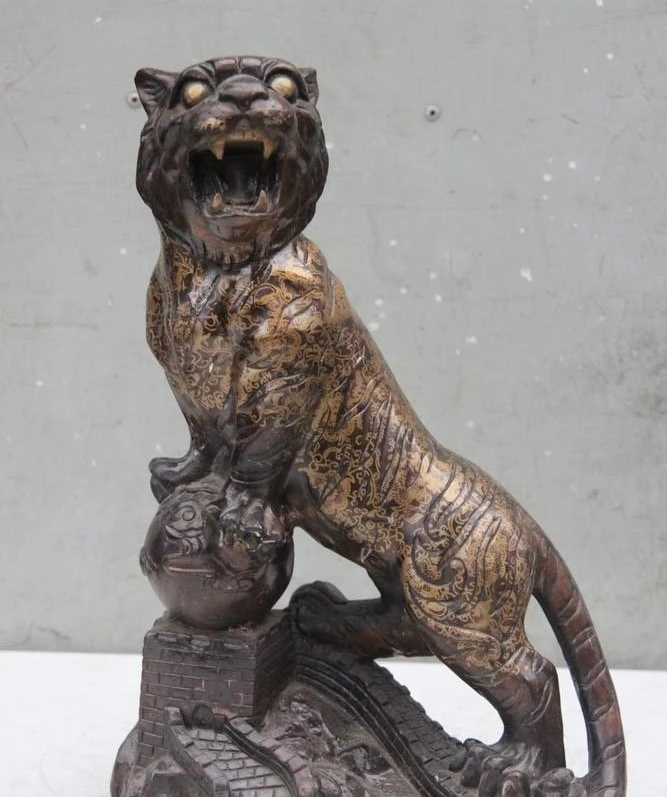 15" Chinese Fengshui Bronze Zodiac Animal Tiger Uphill Lucky Figurine