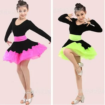 

Free shipping long sleeve rumba latin dance dress tango samba 110-170cm pink green professional girl child dress black costume