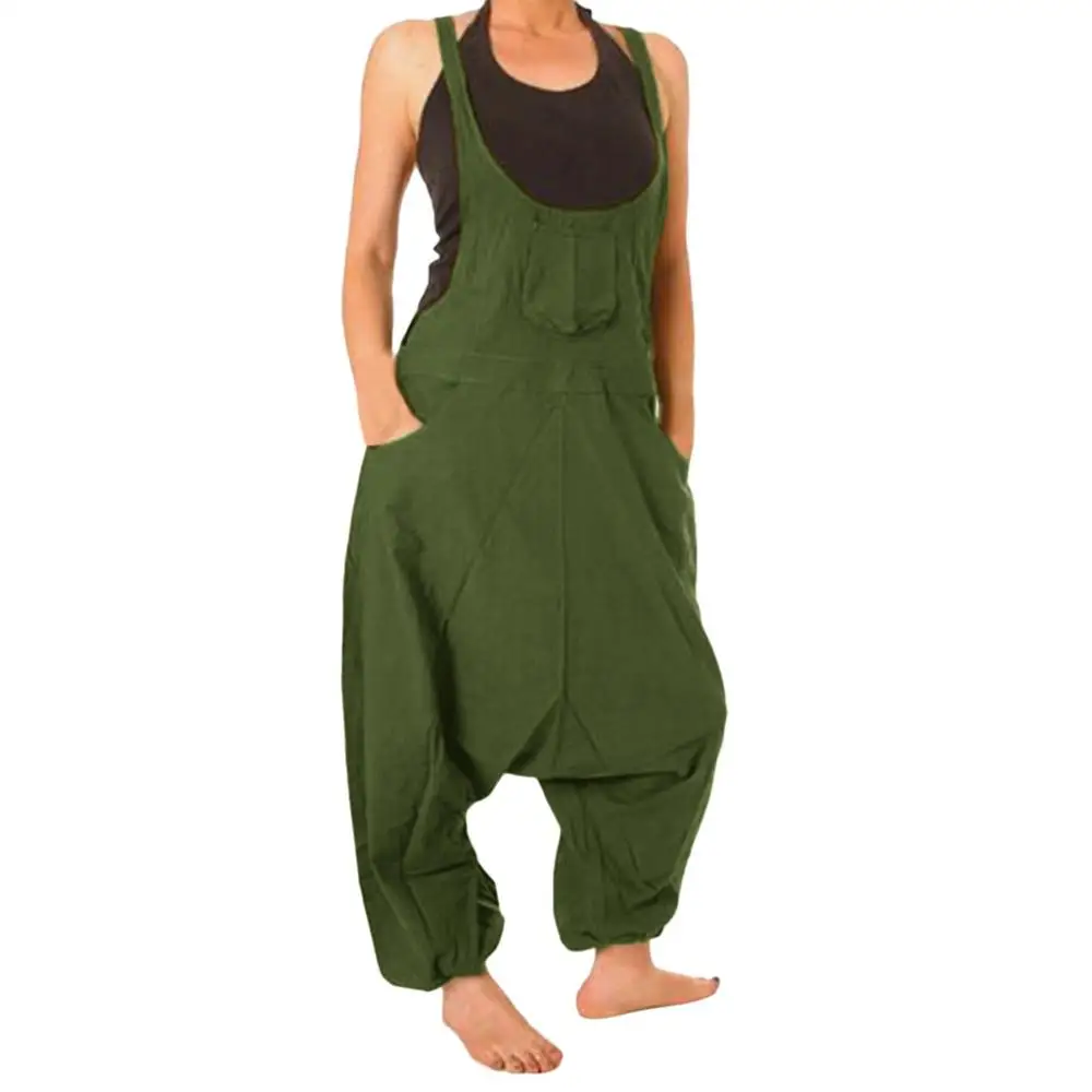 

Women Jumpsuits Linen Wide Leg Pants Overalls female Playsuit Spaghetti Straps Pockets Rompers Dungarees Plus Size ED