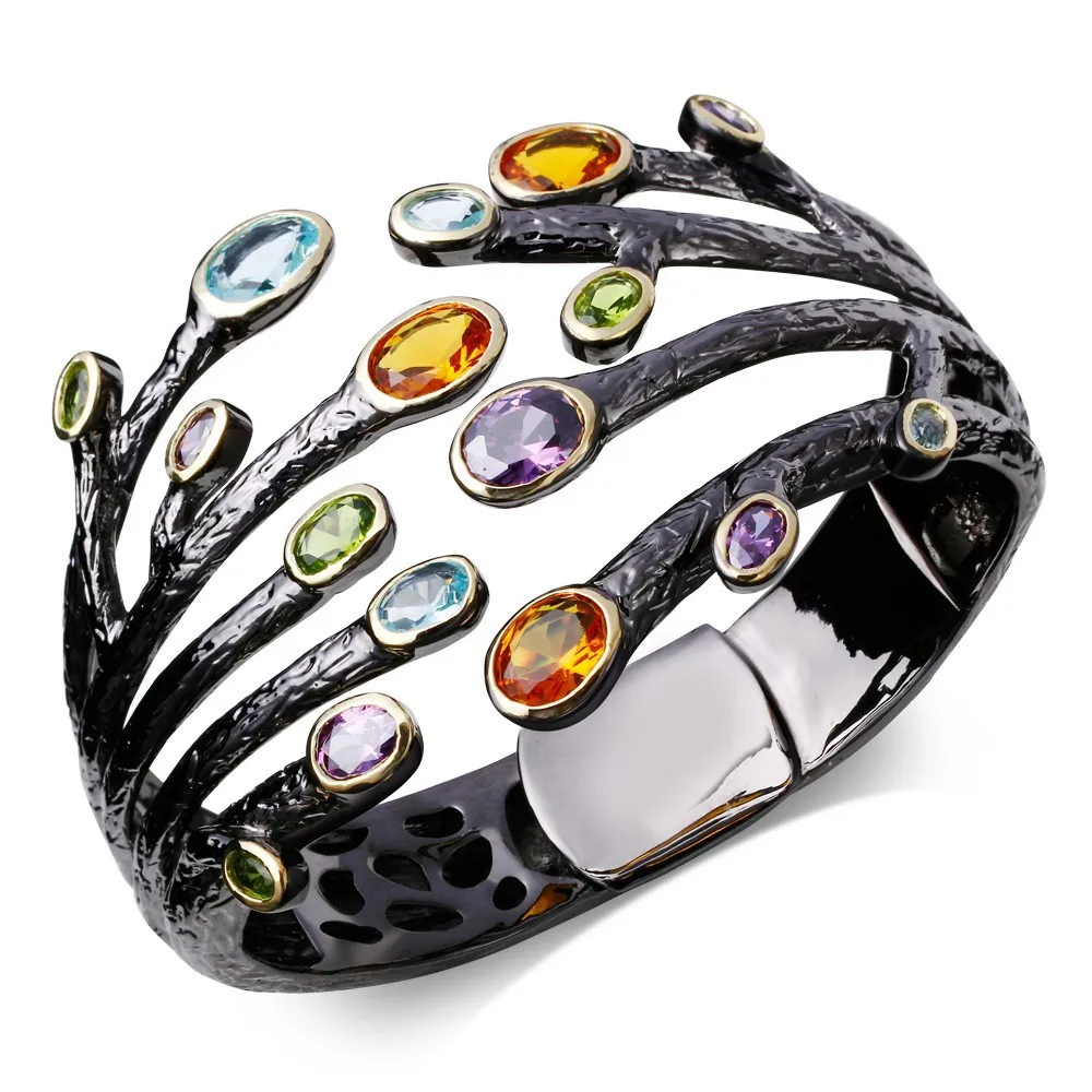 

Latest Woman Fashion Cuff Bangle Prong Setting Multi Cubic Zirconia Lead Free Black Gold-color Nice Bridal Jewelry Gift