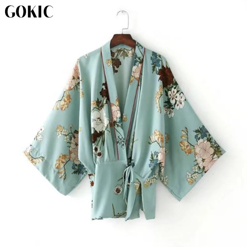 Gokic осень 2017 г. Floral Print Kimono блузка рубашка для женщин четверти Сторона Сплит кимоно