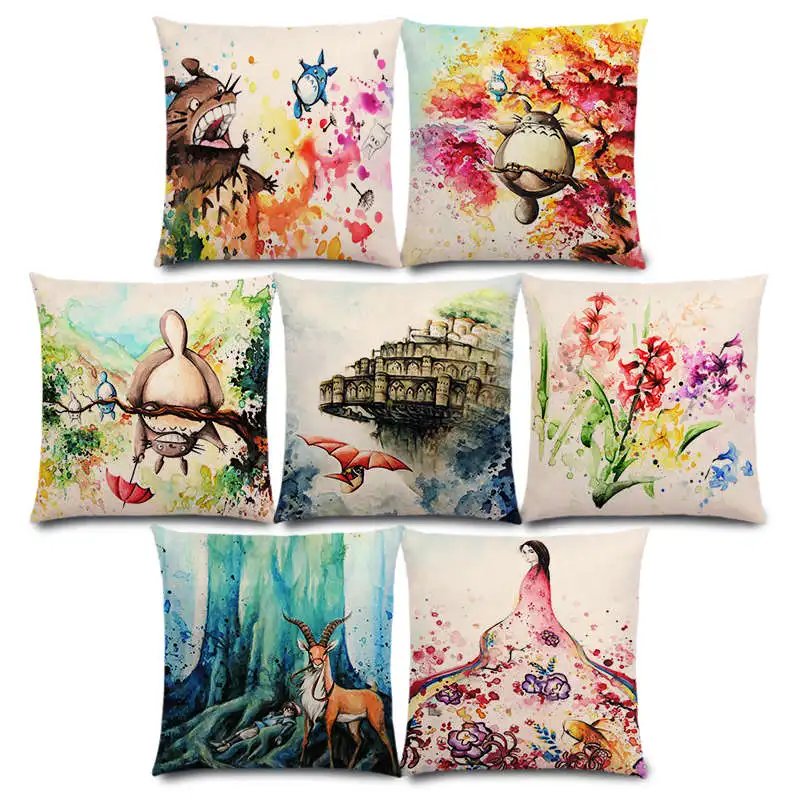 

New Hayao Miyazaki Works Watercolor Totoro Howl's Moving Castle Castle In The Sky Spirited Away Cushion Cover Pillow Case