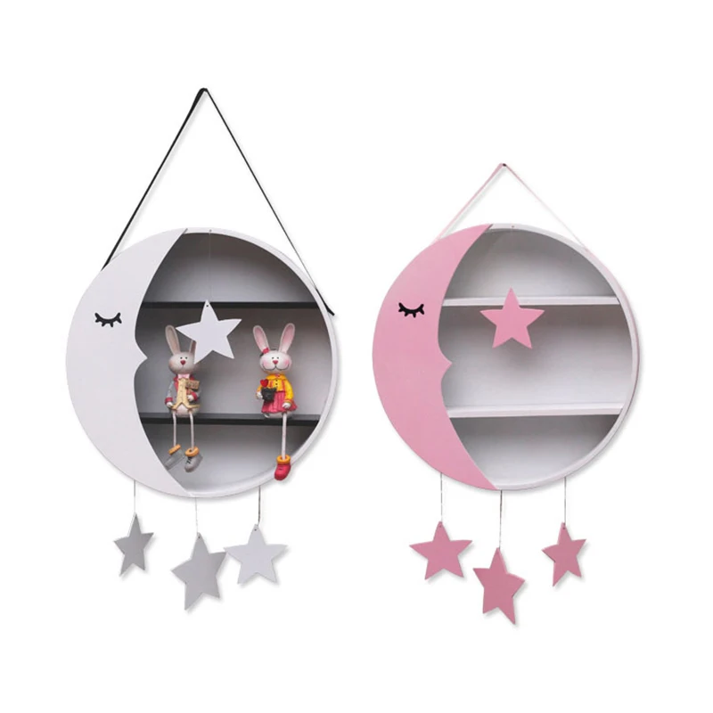 

Children Room Decor Hang Moon Storage Racks Cute Wall Hanger Wooden Christmas Gifts Toys Figurines Display Storage Racks