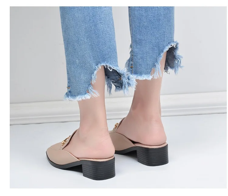 Summer Fashion Genuine Leather Mules Block Heels Shoes Woman Slipper Modis Black Casual Shoes Women Ladies Sliders Female