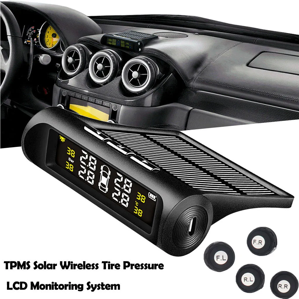 

USB or Solar Charging Car TPMS Tire Pressure Monitoring System HD Digital LCD Display Auto Alarm tool Wireless 4 external Sensor