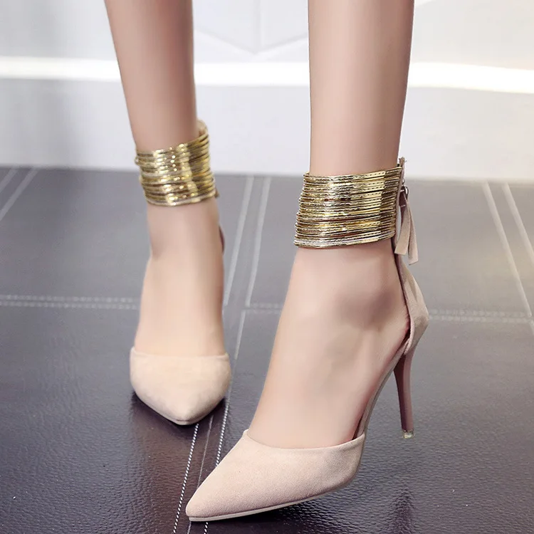 2018 Spring Autumn Women Pointed Toe Flock Pumps Curve Super High Party Fashion Metal Strap Shoes Ladies Heels
