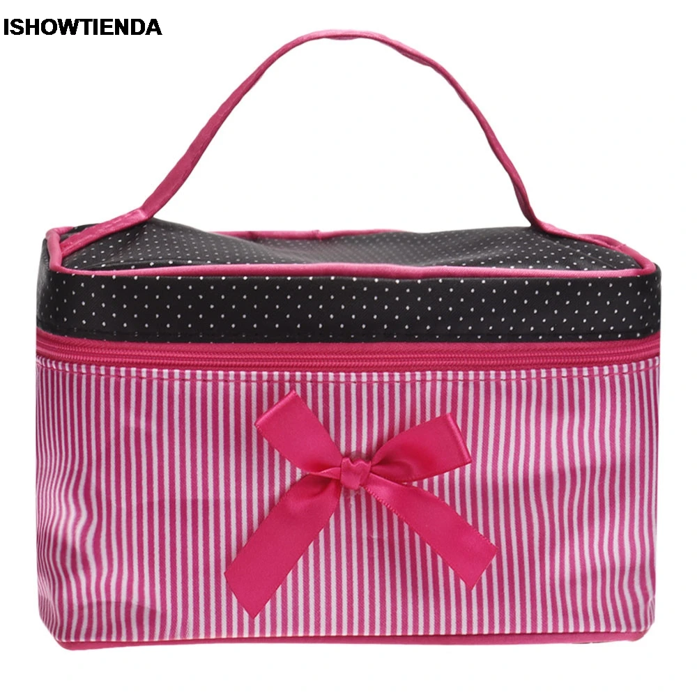 

bow makeup box zipper canvas case square Stripe dot Bag Ladies Cosmetics Casual Bag mochila feminina #AYH27