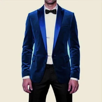 

2018 Blue Velvet Evening Party Men Suits Blazer Two Piece Peaked Lapel Black Pants Wedding Groom mens suit Tuxedo (Jacket+Pants)