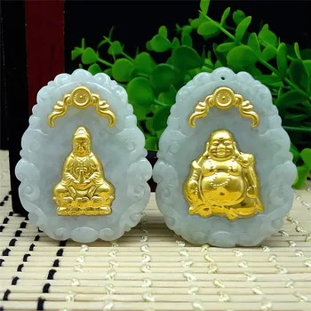 

3D gold inlaid natural jade Guanyin Buddha pendant e79#