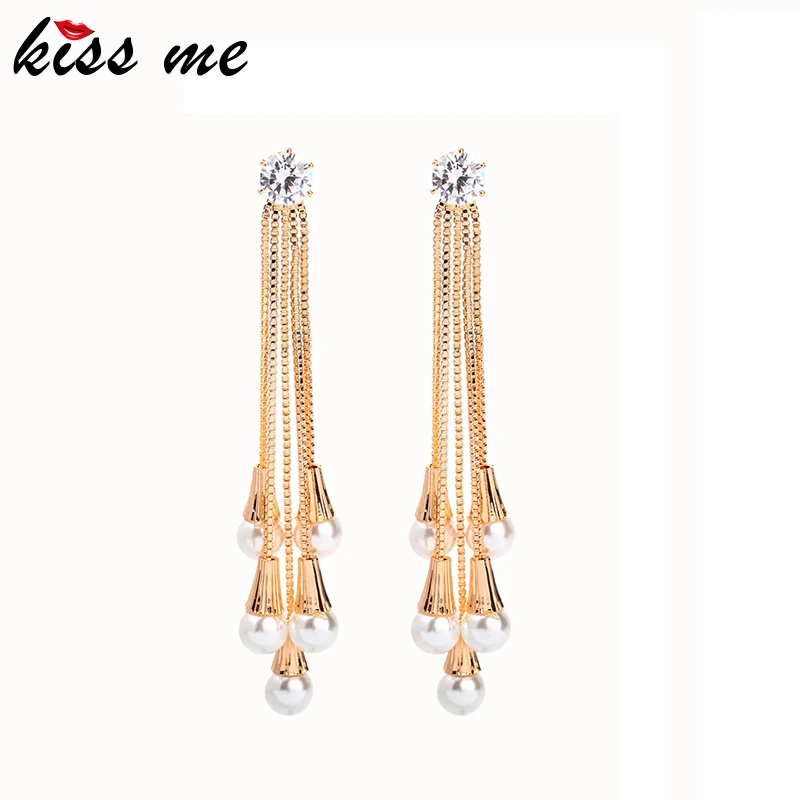 

KISS ME Exquisite Zircon Long Chain Acrylic Pearl Tassel Drop Earrings For Women Two-tone Alloy Dangle Earring Fashion Accessory