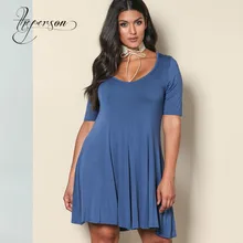 2018 New Pattern Dress Solid Color Round Neck 5 Part Sleeve Knitting Ladies Large Size Dresses