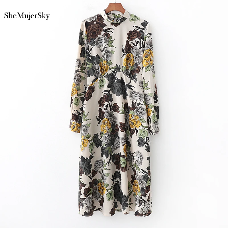 

SheMujerSky Vintage Floral White Dress Women Autumn Long Sleeve Midi Dresses Elegant Bodycon moda mujer 2018