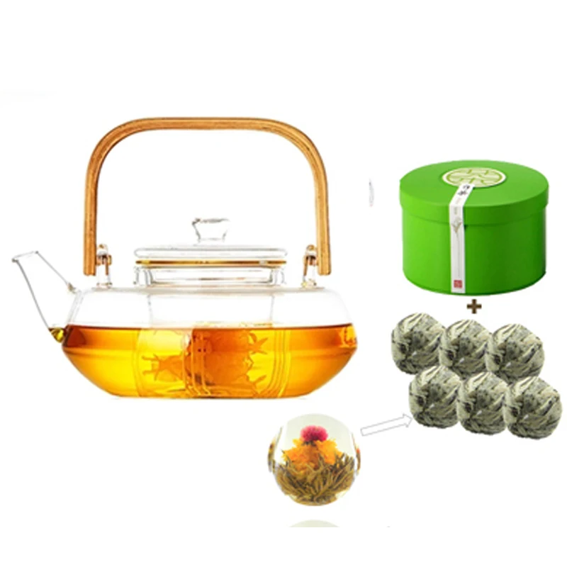 Bamboo Handle 800ml Blooming teapot Loose Leaf Tea Pot with Glass