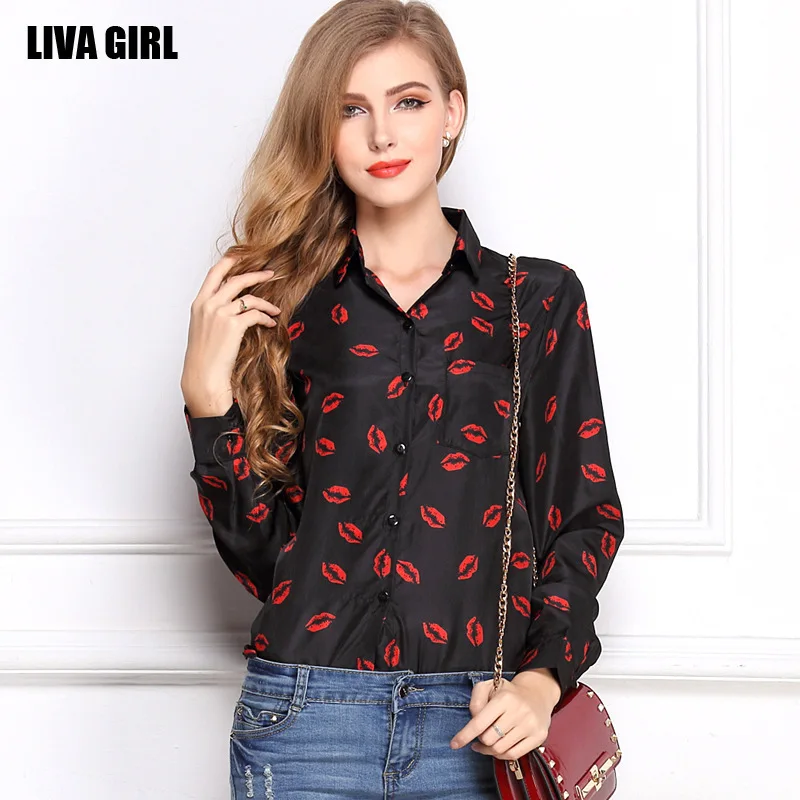 

in Europe and the large size ladies blouse collar lips printed render unlined upper garment chiffon long-sleeved shirt