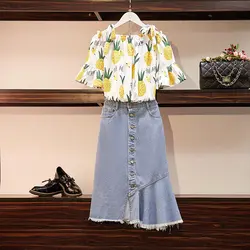 Комплект из 2 предметов для женщин, лето 2019, с принтом, с коротким рукавом, топ с вырезом + джинсовая миди юбка, комплект из двух предметов