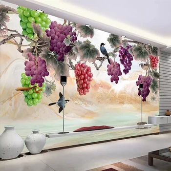 

Custom 3D Wall Murals Wallpaper New Chinese Style Hand Painted Purple Grape Flowers Birds Art Wall Painting Living Room Bedroom