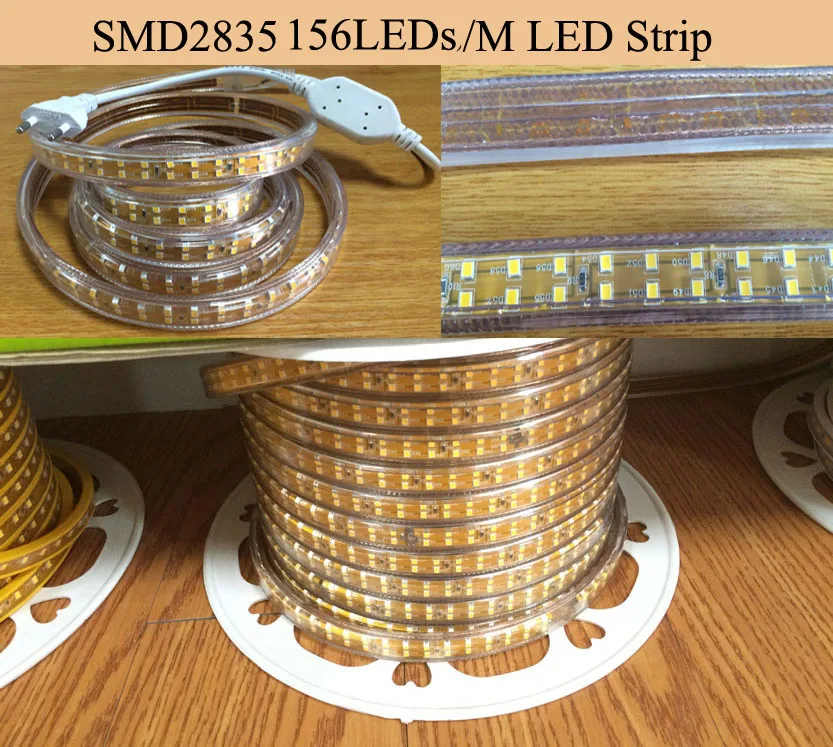 cheap 120LEDs M 156LEDs M SMD 2835 220V LED Strip Waterproof Flexible LED Tape Light Rope 100M with Power Plug Free Shipping