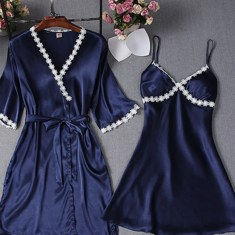 

Sexy Women Lace Silk Robe & Gown Sets Twinest Bathrobe Night Dress Two Pieces Sleepwear Women Sleep Set Faux Silk Pajamas Female