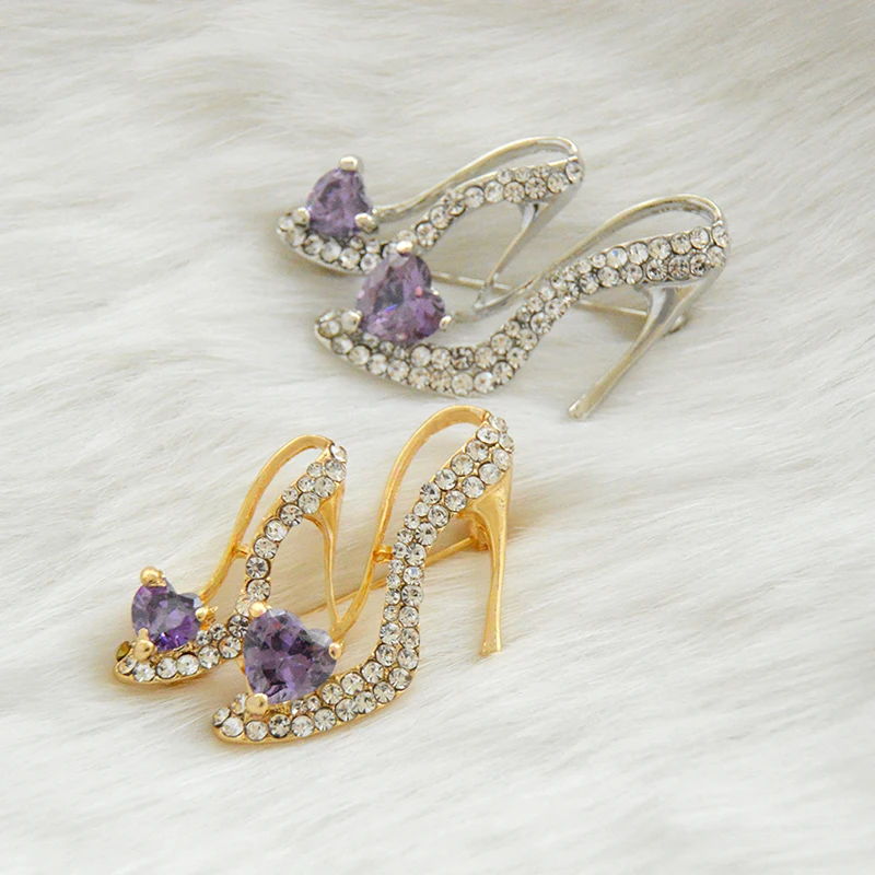 CAIZI новые Кристальные броши для обуви, женские эмалированные Броши с сердечком на высоком каблуке, фиолетовые Броши с сердечком для женщин, Свадебные вечерние ювелирные изделия, подарки