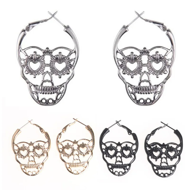 

Gold/Black/Rhodium Color Punk Hollow Sugar Skull Skeleton Hoop Earrings Party Costume Jewelry Large Earrings For Women