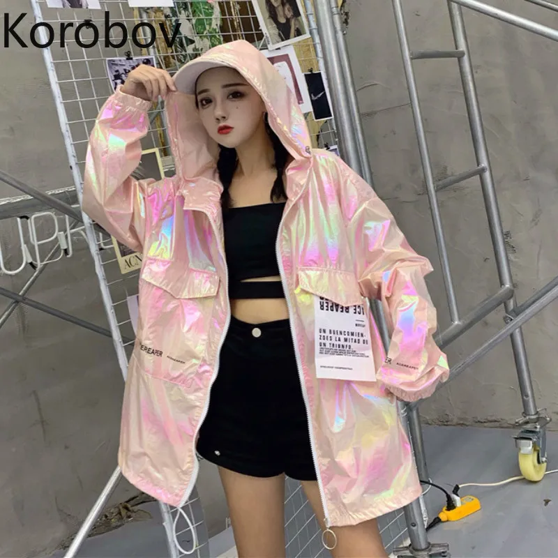 

Korobov Harajuku Fashion Shiny Women Hooded Coats Letter Printed Pockets Patchwork Long Sleeve Jacket Korean Female Coats 78173