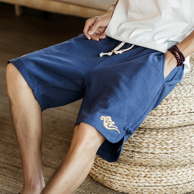 Летние мужские свободные льняные шорты с вышивкой в китайском стиле короткие брюки до колена мужские бермуды повседневные пляжные шорты QT4015-DK01