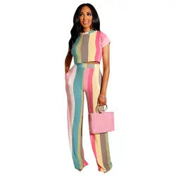 Женский комплект, Летний полосатый принт, 2 предмета, наряды для женщин, топы и широкие брюки, спортивный костюм