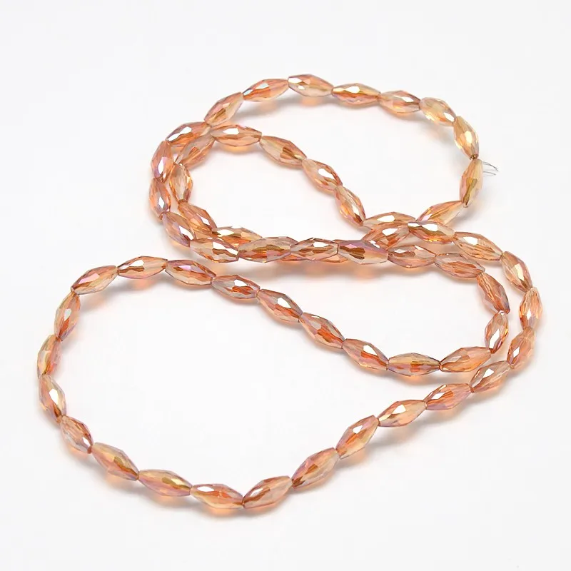 10Strands Electroplate Crystal Glass Rice Beads Strands Faceted, Rainbow Color Plated, Coral, 4x9mm, Hole: 1mm; about 58pcs/str