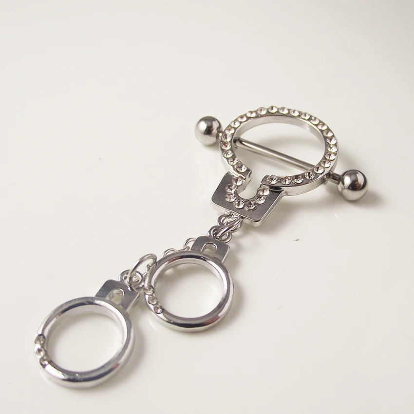 2 piece 316L Stainless Steel Sexy Chain Handcuff Nipple Ring Shield
