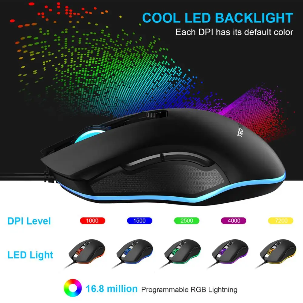

TeckNet Gaming Mouse 7200DPI Programmable 6 Buttons RGB Backlit USB Wired Optical Mouse Gamer for PC Computer Laptop 5DPI Adjust