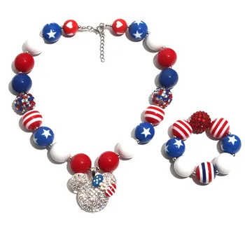 

Kid Chunky Necklace 4th July Girl Children Bubblegom Bead Chunky Necklace 2PCS Newest Fashion Toddler Kids Jewelry D1301