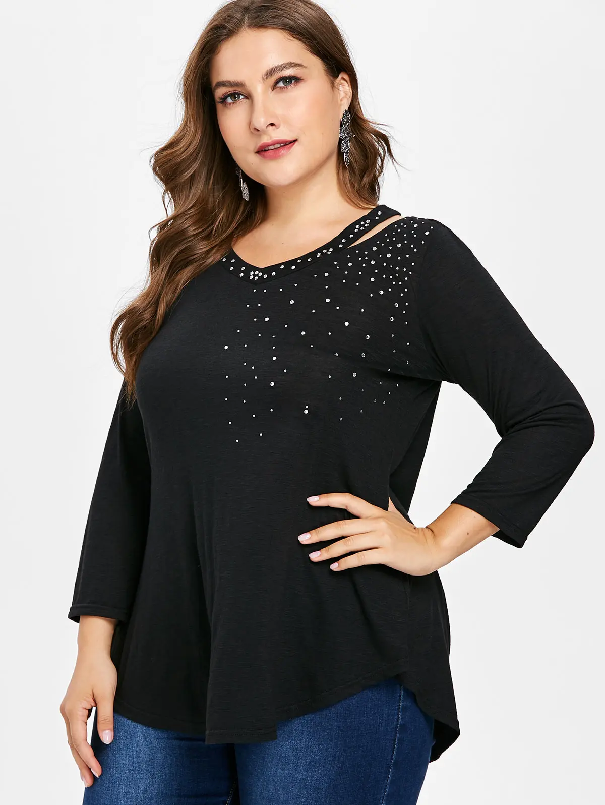 

Wipalo Plus Size 5XL Cutout V Neck Rhinestone Embellished Tunic T-Shirt Casual Solid Long Sleeve Curved Hem Tee Spring Fall Top