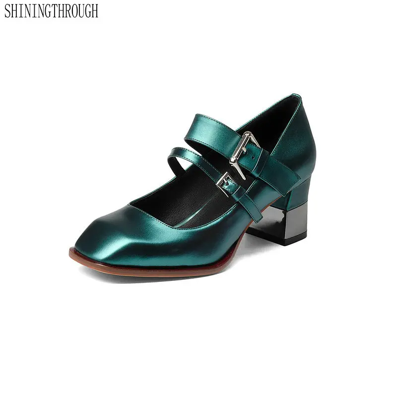 

Plus size 34-42 New 100% genuine leather high heels pumps square toe shoes women ladies Sexy chaussure femme mary janes