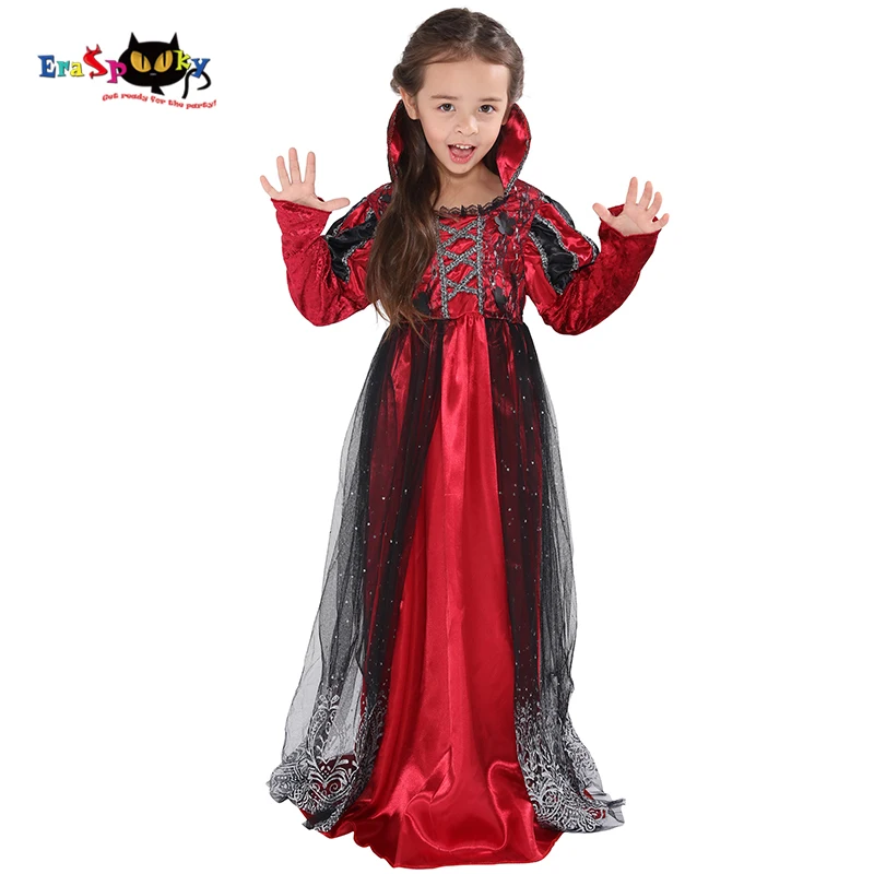 Eraspooky/красное готическое платье для девочек; карнавальный костюм вампира на Хэллоуин для детей; карнавальный костюм принцессы в средневековом стиле; кружевные платья с длинными рукавами
