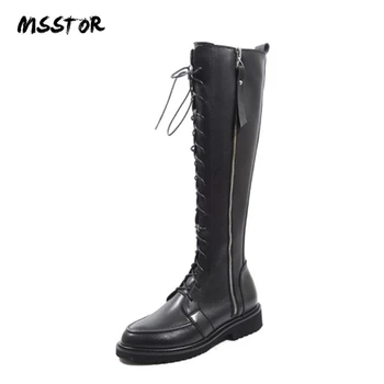 

MSSTOR Round Toe Flat Knee High Boots Fashion Zipper Lace Up Genuine Leather Winter Boot Women Rubber Black Boots Women 2018
