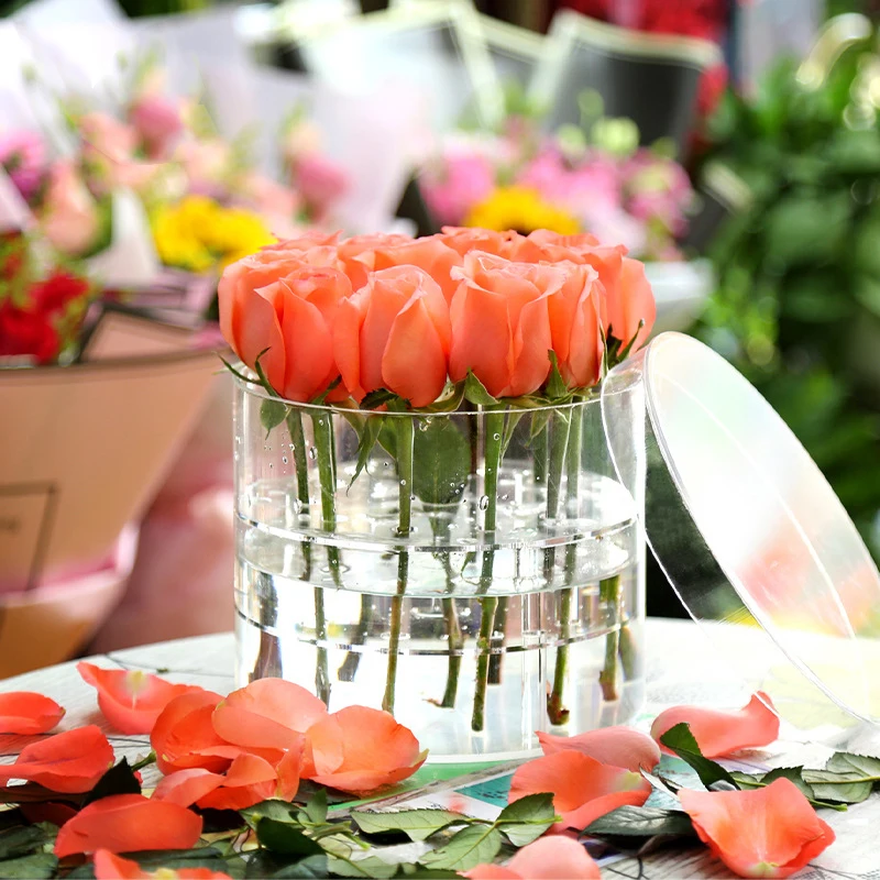 

Hot Round Clear Acrylic Rose Flower Box Makeup Organizer Luxury Handmade Gift Box Valentine's Day Intimate Gift