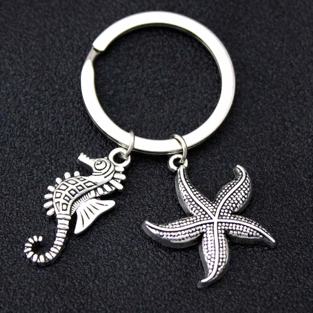 

Seahorse Starfish Ocean Waves Keychain Shell Sea Turtle Mermaid Sand Dollar Keychains Key Chain KeyRing Best Friends Jewelry
