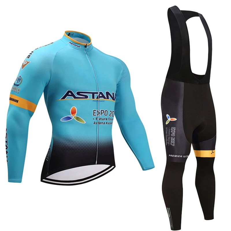 

Spring autumn 2018 team astana long sleeve cycling jersey set Ropa Ciclismo breathable racing bike clothing MTB Bike 20D gel pad
